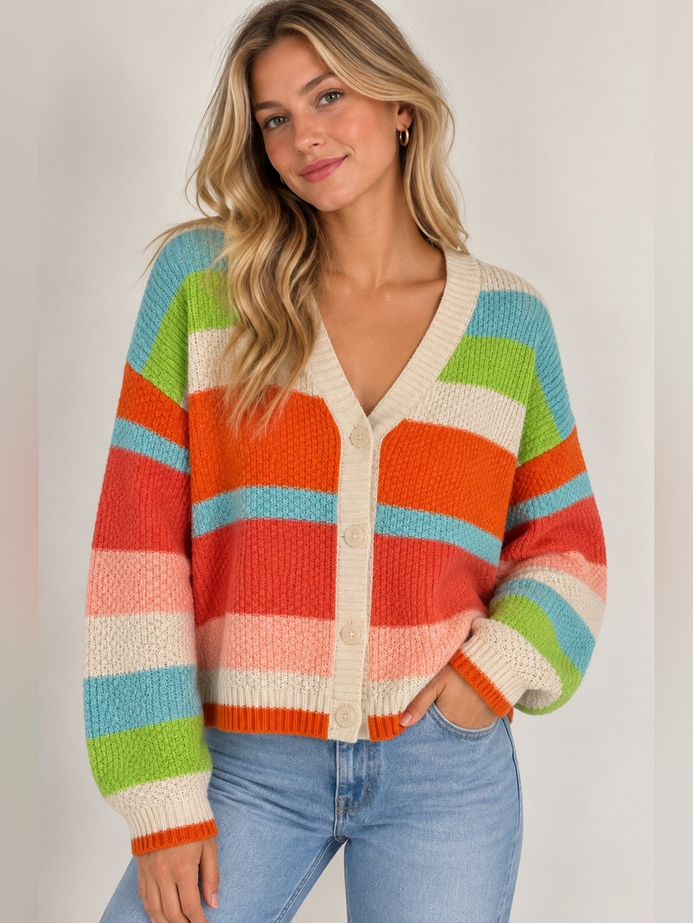 Sugar + Lips Colorblock Stripe Button Front Cardigan Size L 🩵